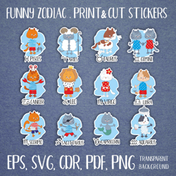 Zodiac with funny cats | Print and Cut Stickers set
