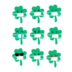 Green Lucky Clover Wearing Mask With Various Expressions Bundle SVG PNG