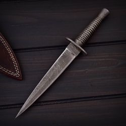 custom handmade full DAMASCUS COMMANDO DAGG hunting knife, toothpick dagger klnife, hand craft knife with leather sheath