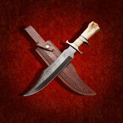 custom handmade damascsu steel bowie hunting knife with leather sheath, hand forged knife, custom knife, art knife