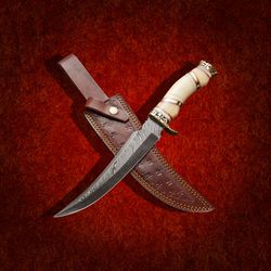 custom handmade damascsu steel bowie hunting knife with leather sheath, hand forged knife, custom knife, FANCY knife