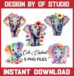 5 Png Files Flower Baby Elephant Sublimation Clipart, Designs Of baby Elephants, Digital download