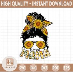 Sunflower Leopard Blessed Mama Messy Bun Sublimation, PNG Download,Messy Bun, Mother's Day