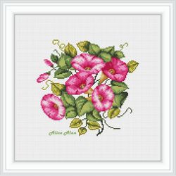 Cross stitch pattern pink Morning Glories flowers nature floral botany garden counted crossstitch patterns Download PDF