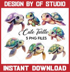 5 Png Files Cute Turtle Sublimation Clipart Png, Cute Adorable Turtle Watercolor, Digital Download Sublimation Designs