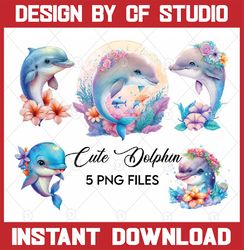 5 Files Cute Dolphin Flower Sublimation Clipart, Dolphin Watercolor Clipart, Cute Baby Shower,