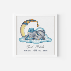 Baby Elephant Cross Stitch, Moon Cross Stitch Chart, Custom Newborn Metrics Hand Embroidery, Instant Download Digital