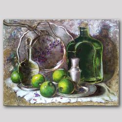 Green apples and silver Original oil painting One-of-a-kind still life Wall  art Painting Dining room Wall decor Kitchen