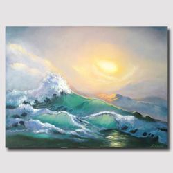 Turquoise sea Dawn after the Storm Waves Original handmade oil painting  Wall Art  Painting Living room Wall decor