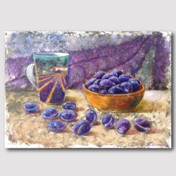 Blue plums and Lavender field Original oil painting One-of-a-kind still life Painting Dining room Wall decor Kitchen