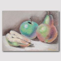 Green Pears and Apple Original pastel painting One-of-a-kind still life Wall art Painting Dining room Wall decor Kitchen