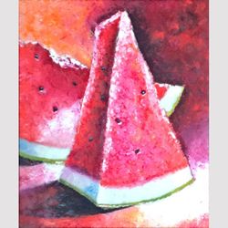 Red watermelon slice Original oil painting One-of-a-kind still life Wall art Painting Dining room Wall decor Kitchen