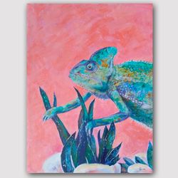 Green chameleon on a pink background Original handmade acrylic painting For animal lovers Wall Art  Painting Living room