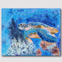 Blue Turtle Original handmade acrylic painting Sea Animal Wall Art  Painting Living room Wall decor