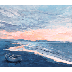 Ocean Sunset Painting Seascape Original Art Impressionist Painting Boat Artwork Impasto Painting 28"x24" by Ksenia De