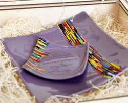 Set of 3 dessert fused glass plates - Rainbow decorative fused glass plate - Fused glass art