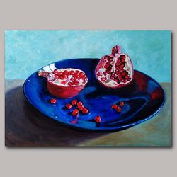 Red pomegranate on a blue plate Original handmade oil painting  Wall Art  Painting Living room Wall decor Still Life