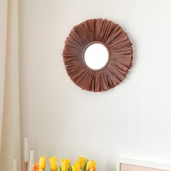 Round wall mirror boho style | Framed decorative mirror | Small wall mirror