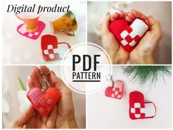 Crochet heart PATTERN keychain as valentines day gift, Crochet coasters, valentines decor, valentine crochet Pattern