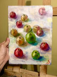 Apples on a white table Oil painting on board Wall art 8*11 inch