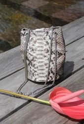 Genuine python skin bucket grey chain bag / designer women purse / summer soft  bag / exotic leather bags free shipping