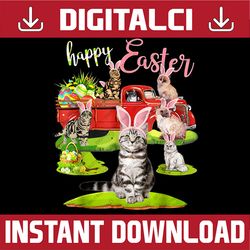 Happy Easter Day Cute Cat Riding Red Truck Love Bunny Eggs Easter Day Png, Happy Easter Day Sublimation Design