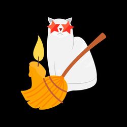 Cat With Witch Broom SVG, Candle Cat SVG PNG