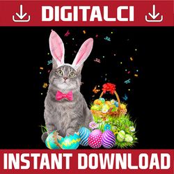 Happy Easter Cute Bunny Cat Eggs Basket Funny Easter Day Png, Happy Easter Day Sublimation Design