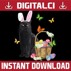 Black Cat Bunny Hat Rabbit Easter Eggs Basket Egg Hunting Easter Day Png, Happy Easter Day Sublimation Design