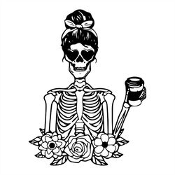 Woman Skeleton Holding Coffee Flower SVG Silhouette