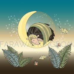 MOON HEDGEHOG Sleeping Animal Cartoon Vector Illustration Set