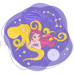 MOON OCTOPUS Mermaid Space Cartoon Vector Illustration Set
