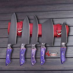 custom hand forge HIGH CARBON CHEF KNIFE // SET OF 5 with leather bag, mktraders, mk3510m