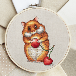 Hamster Cross Stitch Pattern PDF, Cherry Cross Stitch, Hamster Treats Hand Embroidery, Animal Cross Stitch
