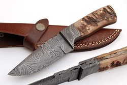 8" Inch Handmade Damascus Steel Hunting knife Handle Ram Horn leather Sheath Handle and Clip, Hand forged Damascus
