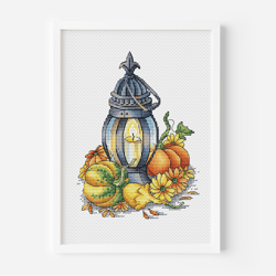 Thanksgiving Cross Stitch, Lantern Counted Cross Stitch,Pumpkin Hand Embroidery,Autumn Wreath Decor Pattern Digital File