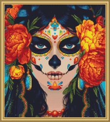 Mexican skull girl cross stitch pattern, modern cross stitch pattern,horror cross stitch pattern