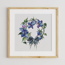 Viola Wreath Cross Stitch Pattern, Flower Wreath Chart, Romantic Wedding Decor, Watercolor Wreath Embroidery PDF Digital
