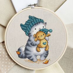 Kitten Cross Stitch Pattern PDF, Teddy Bear Hoop Hand Embroidery, Kawaii Cat Cross Stitch, Animal Cross Stitch