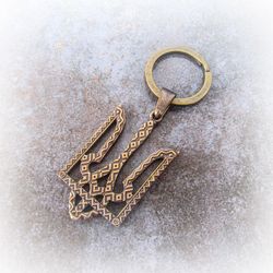 trident with embroidery decor brass keychain,ukrainian national emblem tryzub keychain,ukraine symbol trident keychain