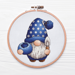 Garden Gnome Cross Stitch Pattern Pdf, BlueBerry Cross Stitch, Funny Summer Dwarf, Small Kawaii Embroidery, Mini Gnome