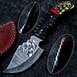skinning damascus full tang bowie hunting knife blade with leather sheath