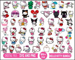 Hello Kitty Bundle Svg, Kawaii Kitty Svg, Hello Cat Svg, Sanrio Kuromi Svg, Cartoon Svg, Png Digital File