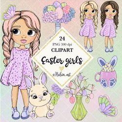 Unique easter girls clipart, easter dolls clipart, easter clipart, spring planner stickers, easter girl illustrations