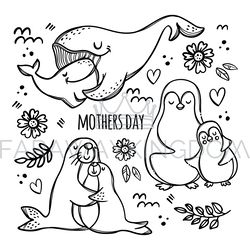 MOTHERS DAY PARTY Monochrome Cartoon Vector Illustration Set