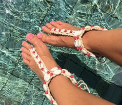 Barefoot sandal white crochet macrame tie shell cowrie, foot ankle red crochet bracelet shell, sexy ankle bracelet shell
