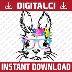 Cute Bunny Face Rainbow Glasses Flowers EASTER Easter Day Png, Happy Easter Day Sublimation Design