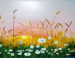 Sunset Painting Original Artwork 27*35 inch White Daisy Painting Field Grasses Art