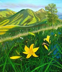 Mountains Painting Original Artwork 27*31 inch Field Grass Art Wildflowers Oil Painting