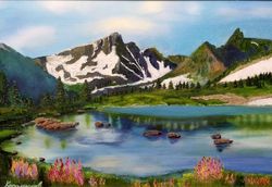 Mountains Painting Mountain Lake Oil Painting 13*19 inch Original Artwork Wildflowers Oil Painting
